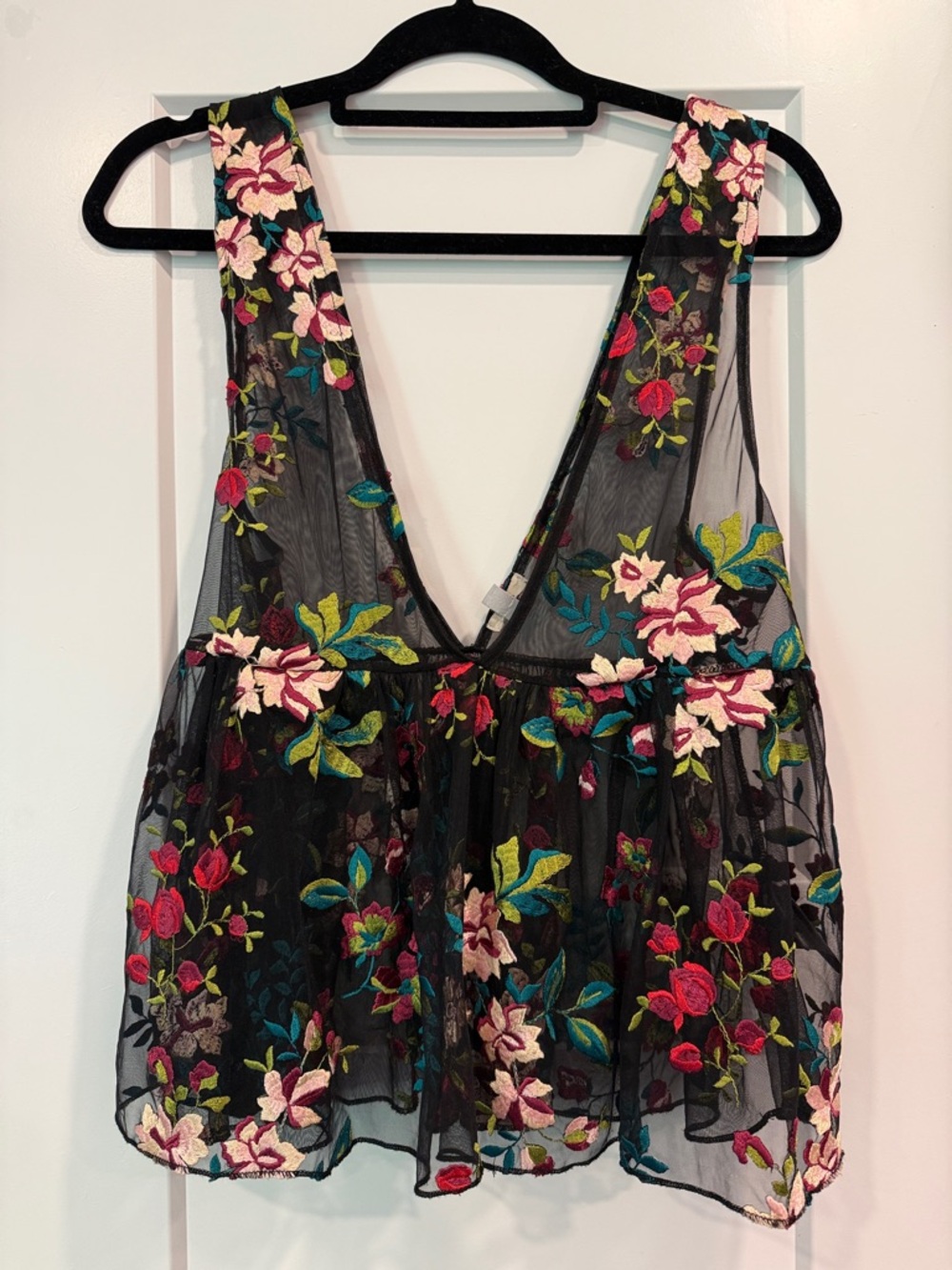 Eclipse Black Sheer Tank with Multicolor Floral Embroidery